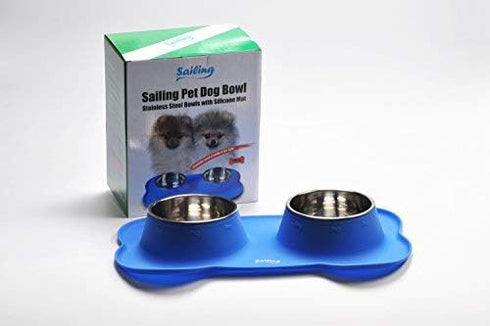 Sailing. Silicone + Stainless Steel Spill Proof Double Dog Bowl, Pets Cats Feeder Bowls, Pets Travel Bowl. BPA Free. (Blue)