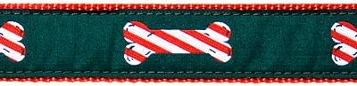 Preston Peppermint Stick Dog Collar and Leash Set for Christmas - Candy Cane Design on Green Ribbon (Small)