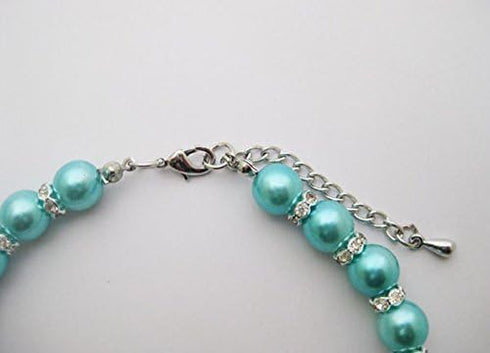 Engraved Crystal Heart Dog Necklace Jewelry - Bling Pearls Rhinestones Charm for Small Dogs, Blue