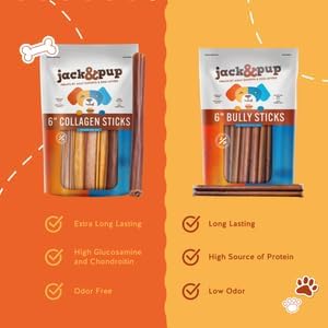 Jack&Pup 6" Beef Collagen Sticks for Dogs, Rawhide Free, Long Lasting, Healthy Dog Treats for Medium Dogs, 10 Pack