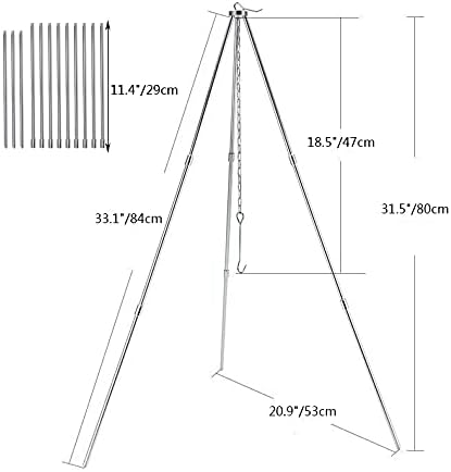 Yahpetes 31.5" Camping Tripod, 3 Sections Aluminum Telescopic Campfire Tripod for Outdoor Cooking