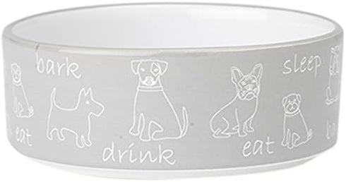 PetRageous 11017 Playful Pet Eat Drink Bark Stoneware Dog Bowl 5-Inch Diameter and 2-Inch Tall Bowl with 2-Cup Capacity and Dishwasher and Microwave Safe for Small and Medium Dogs, Gray and White