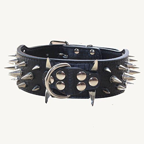Stylish Sharp Spiked Studded Leather Dog Collar, 2 Inch Width for Medium & Large Dogs (Black, L)