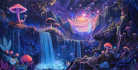 Galaxy Space Planet Aquarium Background, Waterfall Landscape Tapestry Fantasy Mountain Wave Wall Tapestry Mysterious Neon Plants Fish Tank