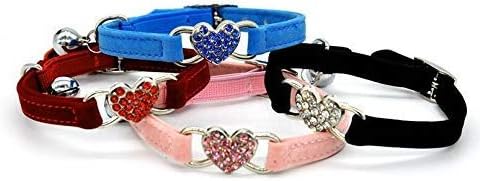 CHUKCHI Pink Soft Velvet Safe Cat Adjustable Collar with Crystal Heart Charm, 8-11 Inches