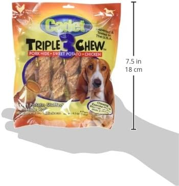 6 Count (Pack 2) Cadet Gourmet Triple Chews Long-Lasting Pork Hide Sticks with Sweet Potato and Chicken, Healthy Dog