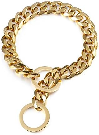 Gold Chain Dog Collar 11/15/19mm Wide Stainless Steel Cuban Link, Slip Choker Chew Proof for Small, Medium, Large Dogs
