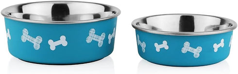 Printed Teal Blue Anti-Skid Stainless Steel Water and Food Feeding Bowl for Small Dogs and Cats (2 bowl)
