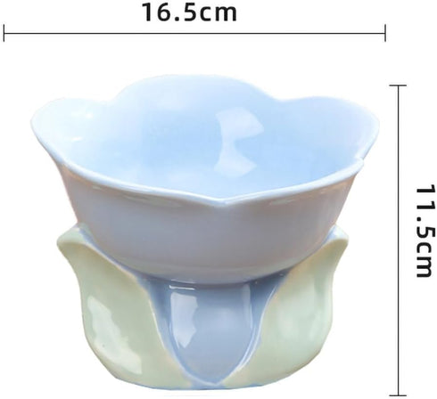 Flower Shape Ceramic Raised Cat Bowl, Cat Food and Water Bowl, 8 OZ Pet Bowls for Cats and Dogs-Blue-1 PCS