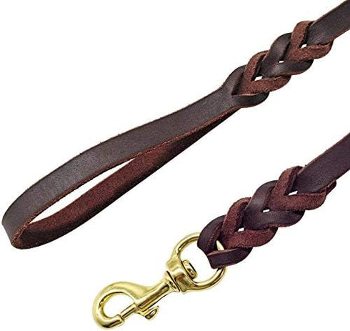 Leather Braided Dog Leash, 5 ft by 1/2 in (160cm 1.2cm), Brown Latigo Leather for Training & Walking