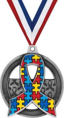 Crown Awards 2" Silver Autism Awareness Medals - Autism Puzzle Awareness Ribbon