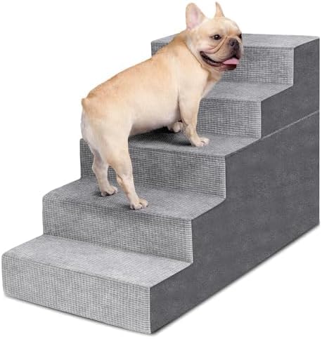 Heeyoo Dog Stairs for Small Dogs, 5-Step High-Density Foam Steps with Non-Slip Removable Washable Cover, Grey, 23" High