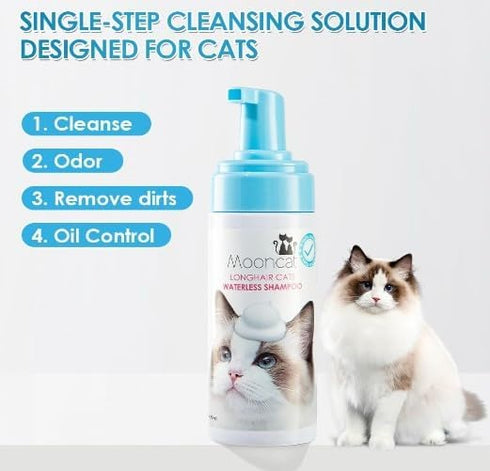 (5 oz) Mooncat Waterless Cat Shampoo and Brush Kit - No Rinse Foam Bath for Long Hair Cats - Grooming for Sensitive