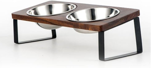 Ceramic Pet Bowl Set with Non-Slip Wood Stand - Double Bowls for Cats, Dogs, and Puppies, 8 oz Each Bowl (5.5",