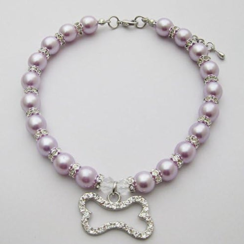 Crystal Dog Pearls Necklace with Bling Rhinestone Bone Charm for Small Dogs, Adjustable, Purple, 12-14 Inch