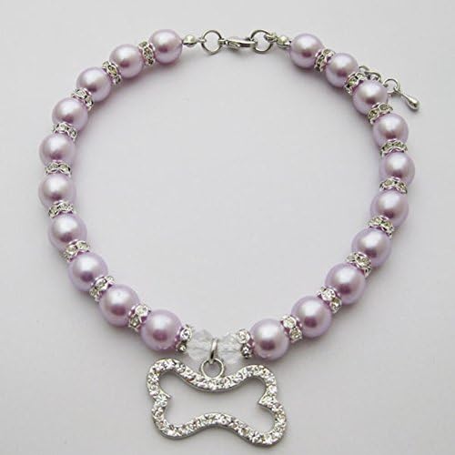 Crystal Dog Pearls Necklace with Bling Rhinestone Bone Charm for Small Dogs, Adjustable, Purple, 12-14 Inch