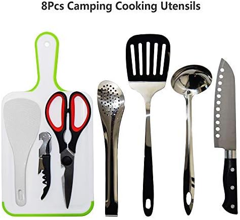 Portable BBQ Camping Cookware Set, Stainless Steel Utensils Travel Kit with Cutting Board, Tongs, Knife, and Spatula
