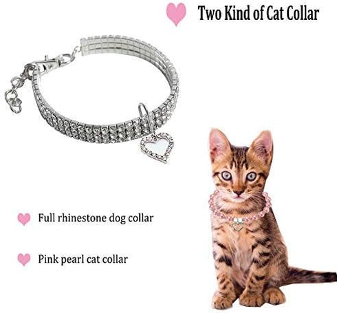 Rhinestones Dog Collar and Pearl Dog Necklace Set, Adjustable Neck Strap Bling Full Diamond Crystal Cute Pearl Dog Collar for Small Girls Cats Puppy Accessary for Wedding Birthday Party (M)