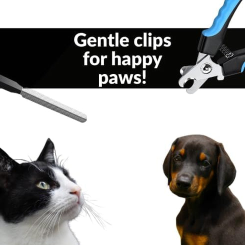 Pet Nail Clipping Kit for Dogs & Cats Stainless-Steel Clippers with Safety Guard, Non-Slip Handles + Nail File Clean