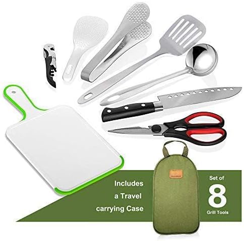 Portable BBQ Camping Cookware Set, Stainless Steel Utensils Travel Kit with Cutting Board, Tongs, Knife, and Spatula