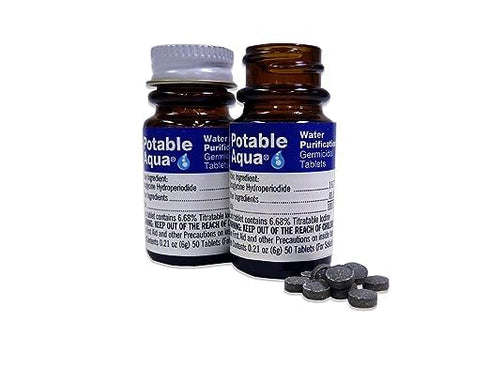 Potable Aqua Water Purification Tablets, Effective Portable Solution for Camping, Hiking, Emergencies, Two 50ct Bottles