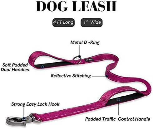 PetiFine 4FT Heavy Duty Dog Leash with Soft Padded Double Handle, Durable Strong Clasp Dog Leashes, Reflective Nylon Walking Lead for Large,Medium,Small Breed Dogs, Rose