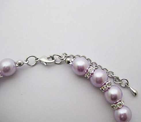 Crystal Dog Pearls Necklace with Bling Rhinestone Bone Charm for Small Dogs, Adjustable, Purple, 12-14 Inch