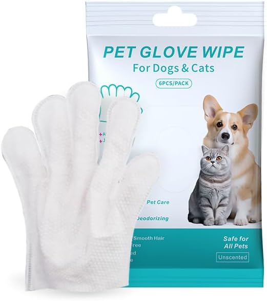 Pet Glove Wipe, Cleaning Glove for Dog and Cat, Fur Face, Ear, Eye, Paws Cleaning Wipes, 6PCS
