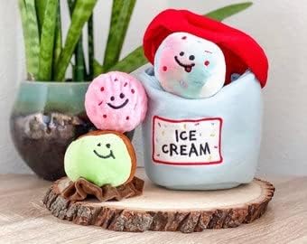 PawfectPals Interactive Squeaky, Funny, Unique, Assortment Plushy Toy for Dogs (Ice Cream Bucket with Scoop)