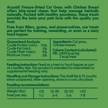 Arya Sit! Freeze-Dried Cat Grass with Chicken Bites Natural Hairball Control Supports Digestive Health High Protein No