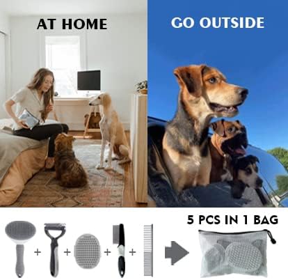 5PCS Set Grooming Kit for Dog,Puppy- Deshedding & Slicker Brush for Short-Haired Pets, Flea Comb and Grooming Comb Grey