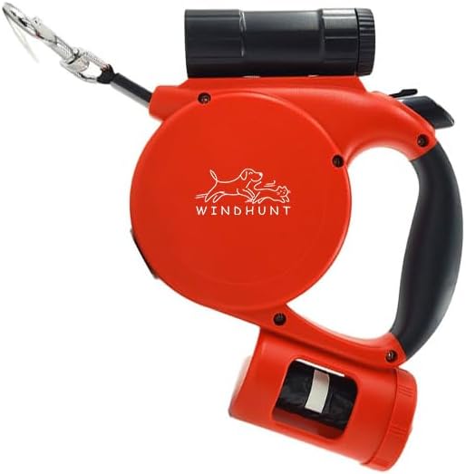 Retractable Dog Leash with Flashlight, Dispenser, and Poop Bag for Small, Medium Dogs and Cats, 360° Tangle-Free (Red)