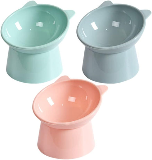 LIFKOME 3PCS Elevated Cat Bowls, Raised Plastic Tilted Pet Food Bowl for Flat-Faced Cats (Pink, Blue, Grey)