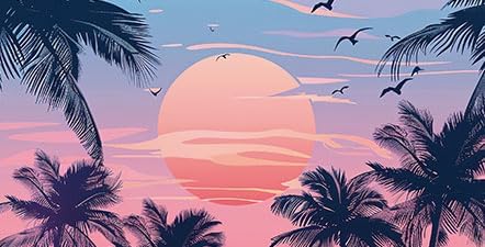 Watercolor Graffiti Hawaiian Beach Palm Tree Aquarium Background, 72X24IN, Anime Themed Crawling Terrarium Background