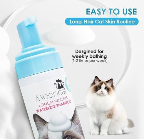 (5 oz) Mooncat Waterless Cat Shampoo and Brush Kit - No Rinse Foam Bath for Long Hair Cats - Grooming for Sensitive