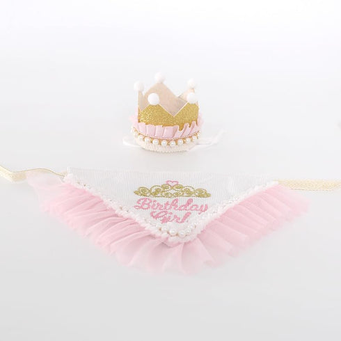 Girl Dog Birthday Hat Bandana Kit, Princess Decorations with Crown for Cats and Dogs, 1st Birthday Gift (PinkGold).