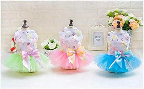 Puppy Skirt Tutu Dresses for Small Dogs, Luxury Bow Flower Sequin Dot Wedding Lace, Pink (M) for Girls Cats
