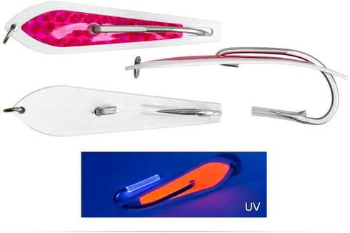 Cuoyuqie 2pcs 5.0# Stainless Steel Single Hook Jig Lure UV Glow Spoon-Shaped Saltwater Fishing Jigging Lure