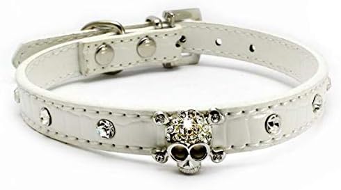 Cute Dazzling Elegant Fancy Skull Diamond Crystal Rhinestone Leather Small Pet Dog Cat Collar (White, M)