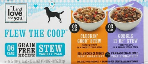 I AND LOVE AND YOU Wet Dog Food - Flew The Coop Variety Pack, Chicken + Turkey, Grain Free, 13oz can, 6pk