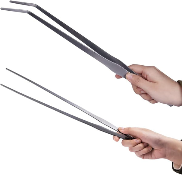 2 Pack Extra Long Handle Aquarium Tweezers, Stainless Steel Straight and Curved Tongs for Fish Tank Plants
