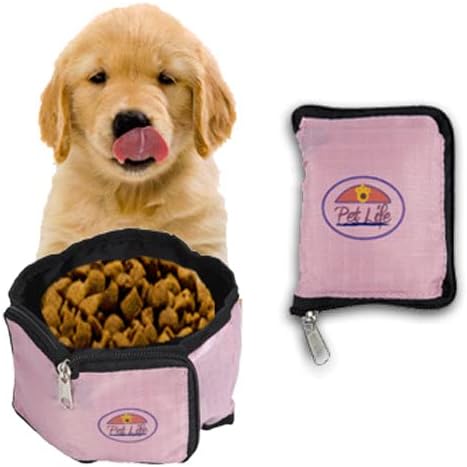 PET LIFE Wallet Folding Waterproof Zippered Collapsible Travel Pet Dog Cat Bowl Feeder, One Size, Pink