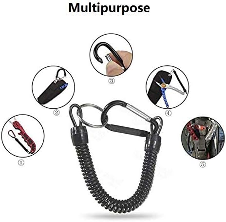 Pack of 6 Fishing Lanyard with Carabiner - Black Coiled Ropes for Secure Pliers, Lip Grips, Tackle Tools