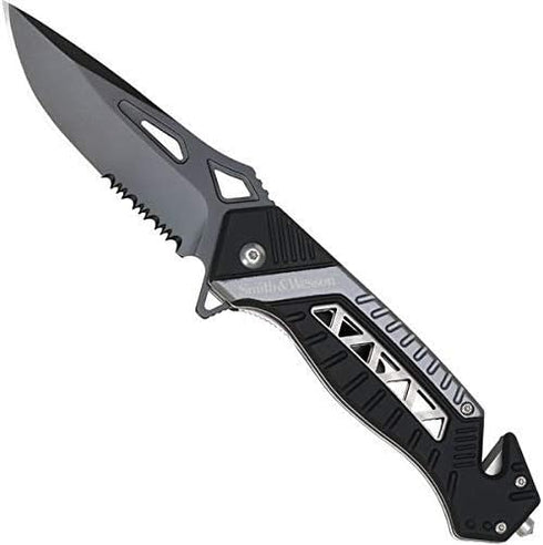Smith & Wesson SW608BLS 8.5in Folding Knife with 3.4in Serrated Drop Point Blade and Aluminum Handle for Tactical EDC