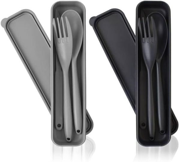 Large Reusable Utensils Set with Case, 2 Sets Portable Cutlery for Adults, Travel Fork Spoon Knife (Grey, Black)