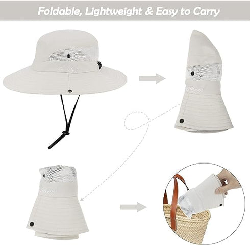 Women's Summer Sun-Hat - Ponytail Outdoor UV-Protection Mesh Wide Brim Foldable Hat with Ponytail Hole