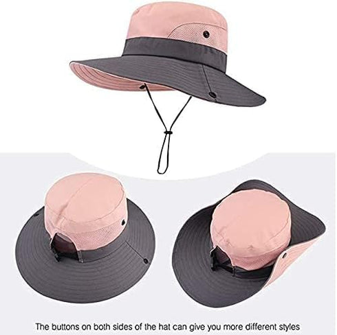 Women's Summer Sun-Hat - Ponytail Outdoor UV-Protection Mesh Wide Brim Foldable Hat with Ponytail Hole