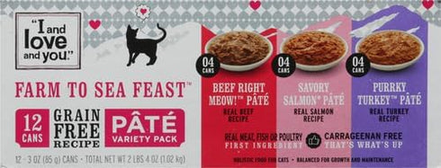 I and love and you Wet Cat Food - Farm to Sea Feast Pâté Variety Pack - Beef, Salmon, Turkey, Grain Free, Filler Free, 5.5oz Pack of 12 Cans