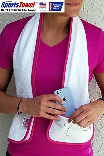 Sports Towel - 100% Cotton, 2 Zipper Pockets for Safe Belongings, Super Soft and Absorbent (Pink)