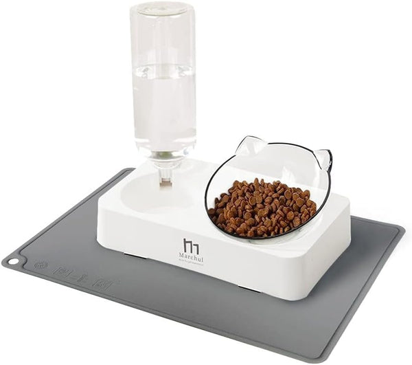 Marchul Tilted Cat Food Bowl with Feeding Mat for Food and Water, Raised Dishes for Cats and Puppies